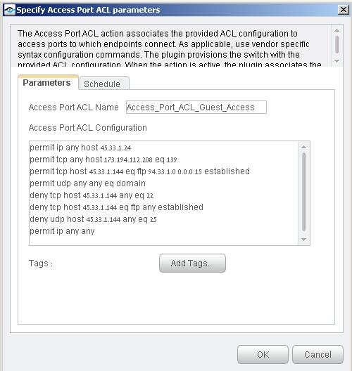 All rules of an Access Port ACL are defined in the Access Port ACL Rules pane of the action.