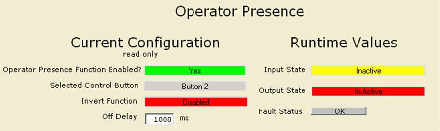 Monitoring Operator Presence (C1P15) Click on Operator Presence (C1P15) in the Log Functions section of the tree in the Diagnostic Navigator.