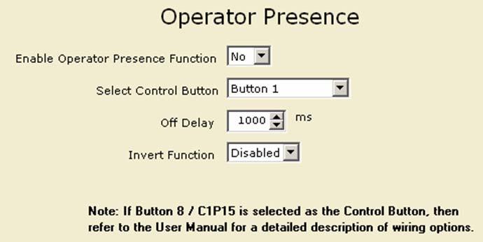Operator Presence (C1P15) Configuration Click on Operator Presence (C1P15) in the Parameter Functions section of the tree in the Diagnostic Navigator. The OPS configuration screen is shown below.