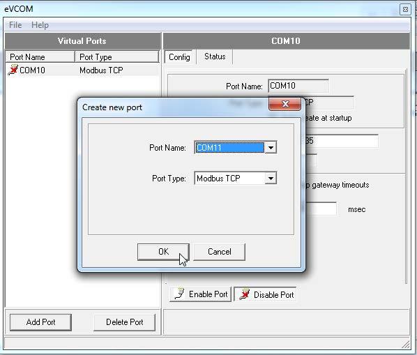 2.3 How to setup the evcom Step 3 Add COM port #2 (COM11) Click on Add Port Define a free virtual COM port number (here COM11) Select Port