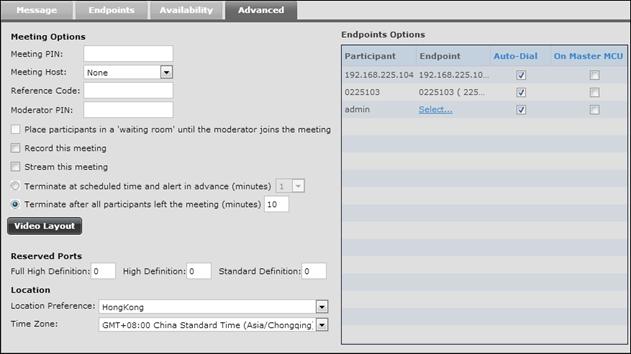 Figure 9: Defining settings on the Advanced tab If you want participants to enter this meeting only with a password, enter a numeric PIN in the Meeting PIN field. Only integers are allowed.