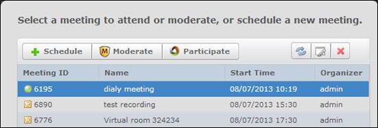 Figure 42: Scopia Management user portal 4. Select Moderate. See Figure 42: Scopia Management user portal on page 48. 5. Enter the moderator PIN if prompted.