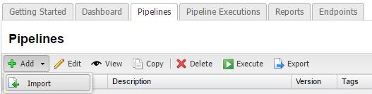 Procedure 1 To import a pipeline JSON file, click Pipelines > Add > Import. 2 In the Import Pipeline dialog box, enter the pipeline data or optionally select a pipeline JSON file.