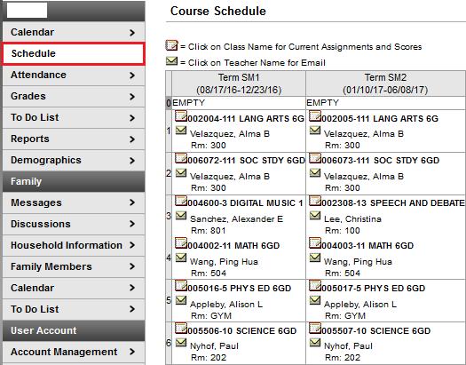 Schedule The Course Schedule lists the student's classes in each period and term, along with the time and location the class meets.