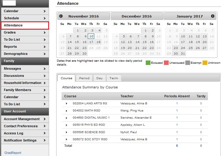 This screen includes assignment details and allows you to see missing and late assignments.