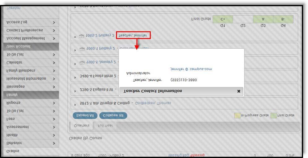 Grades (Portal) Select the Teacher's Name to display contact information (phone number and email) in a pop-up window.