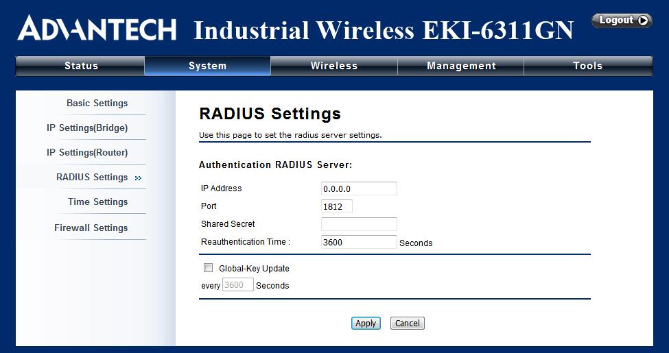 Open RADIUS Settings in System to make RADIUS configuration. Figure 18 RADIUS Settings Authentication RADIUS Server This is for RADIUS authentication.