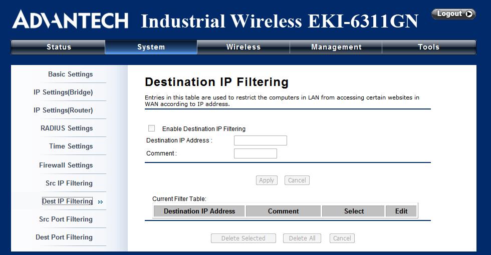 Figure 20 Source IP Filtering Destination IP Filtering: The destination IP filtering gives you the ability to restrict the computers in LAN from accessing certain websites in WAN according to