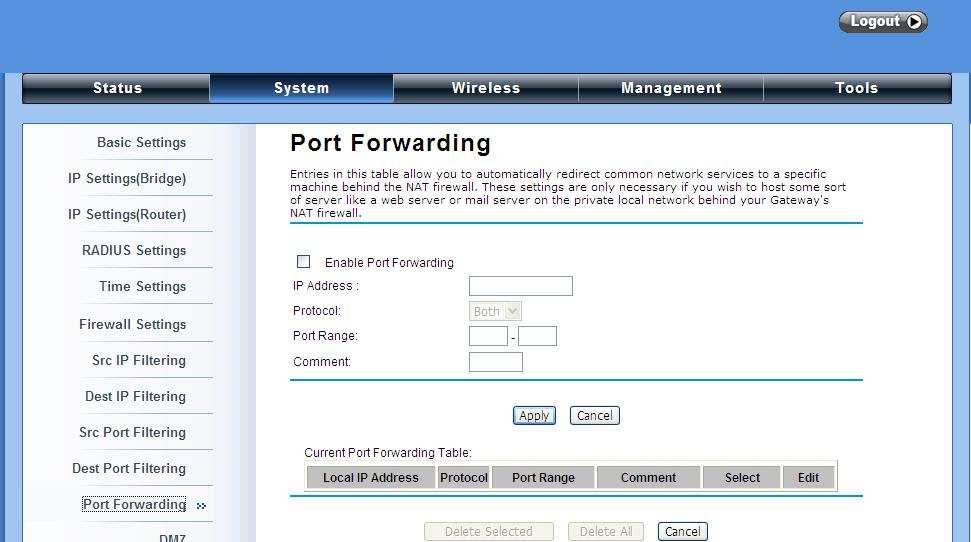 Port Forwarding: The port forwarding allows you to automatically redirect common network services to a specific machine behind the NAT firewall.
