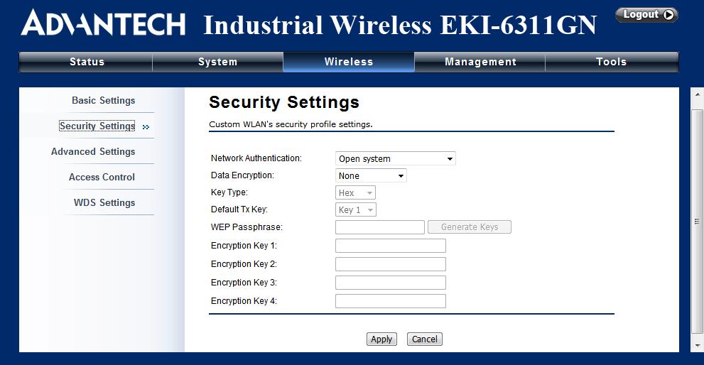 4.2 Wireless Security Settings To prevent unauthorized radios from accessing data transmitting over the connectivity, the EKI-6311GN provides you with rock solid security settings.