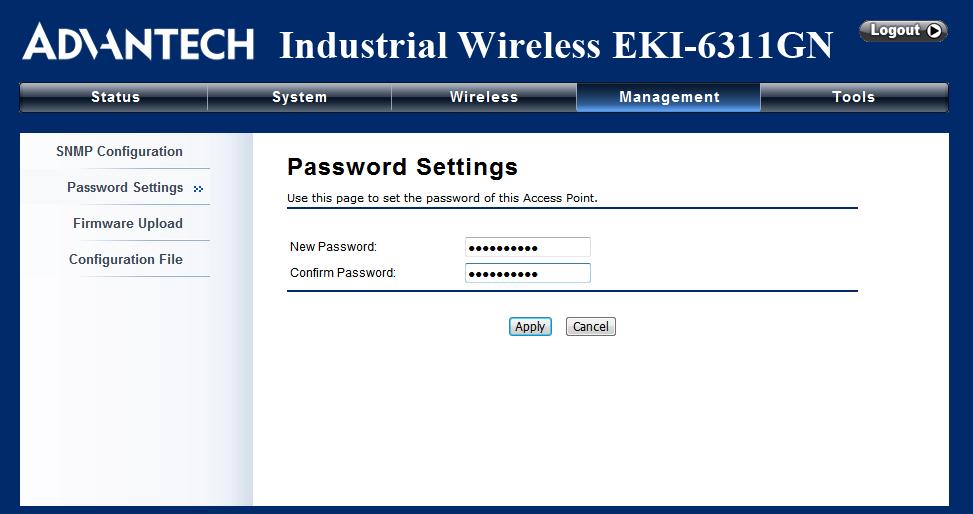 5.2 Password From Password Settings in Management, you can change the password to manage your EKI- 6311GN.