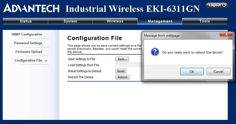 Figure 36 Restore Settings Restore factory default settings via RS-232 If software in EKI-6311GN is unexpectedly crashed and no longer reset the unit via Web, you may do