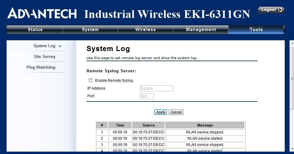 Figure 37 Reboot 5.6 System Log System log is used for recording events occurred on the EKI-6311GN, including station connection, disconnection, system reboot and etc.