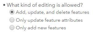 Editing Hosted Feature Layers Enable Editing - Anyone with access to item can edit features - Owner and org admin can edit even if editing is disabled Extract changes: Enable change tracking Track