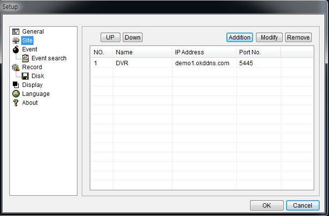 Setting Site The remote DVRs can be added, modified, and removed. Click ADDITION button.