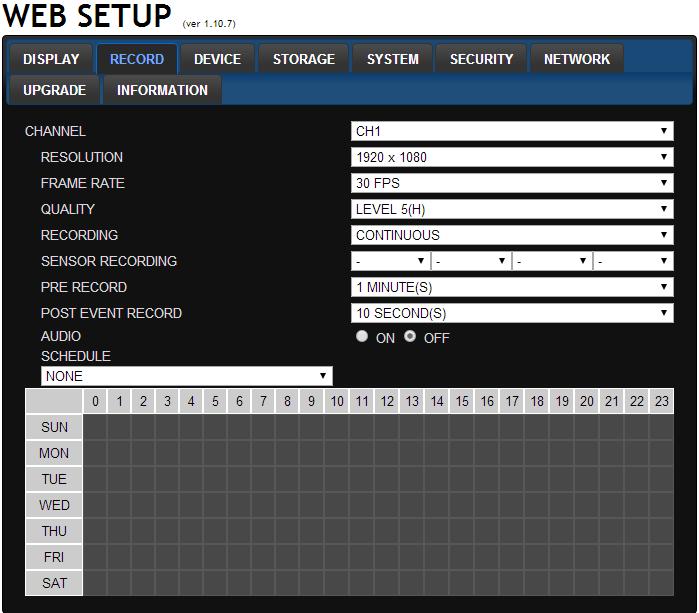 9-7-2. Record Select RECORD tab to set the recording conditions. These settings apply to the specified channel only. Recording Setup o RESOLUTION: Sets the resolution for the recordings.