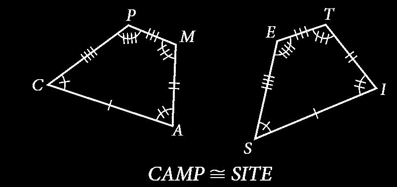 For example, if quadrilateral CAMP is congruent to quadrilateral SITE, then their four