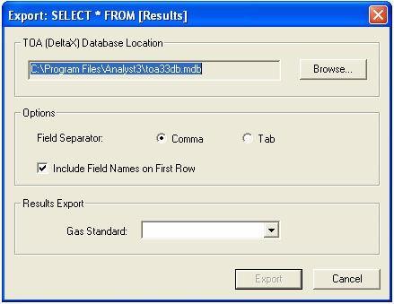 5.3 Results Export 1. The export options dialog will appear 2. Use the Browse... button to locate the TOA database file (.