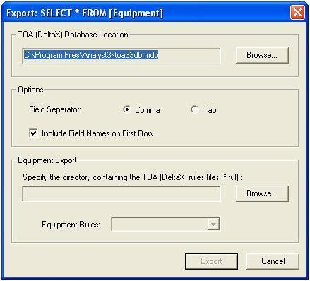 5.4 Equipment Export 1. The export options dialog will appear. 2. Use the Browse... button to locate the TOA database file (.mdb).
