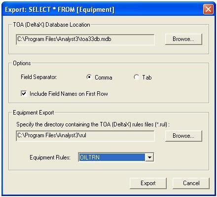 6. Click on Export to create the export text file 'Equip.