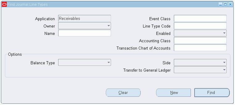 Solution Defining Journal Line Types for Receivables Defining a Revenue Journal Line Type Responsibility = Receivables, Vision Operations (USA) 1. Navigate to the Journal Line Types window.