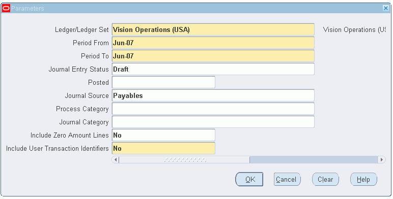 Solution Generating the Journal Entries Reports for Payables Generate the Journal Entries report for the Vision Operations (USA) ledger for the current month and view the output.
