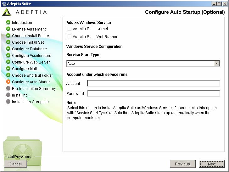 Figure 4.12: Configure Auto Startup This screen appears only when installing Adeptia Suite on Windows. 30. This screen provides options for configuring the Kernel and WebRunner as a Windows service.
