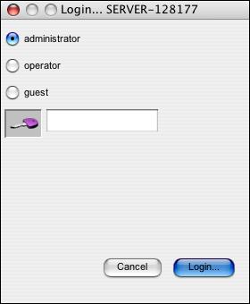 COMMAND WORKSTATION, MACINTOSH EDITION 42 4 Click the server name to select it, and then click the key or the Login button. The Login dialog box appears.