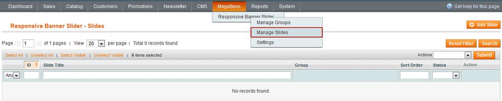 Manage Slides Section: After adding a slider group you can now add slides to this slider group.
