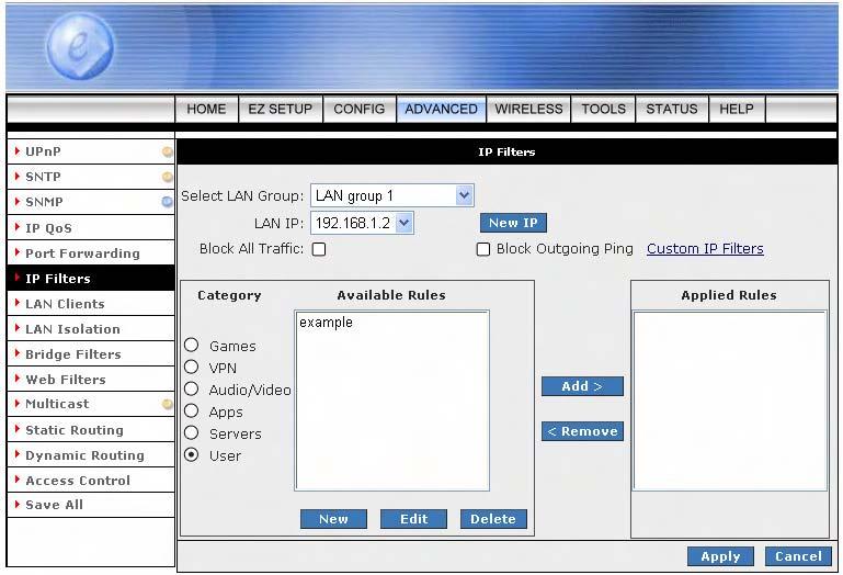 4.4.6.1 IP Filters Configuration Procedure 1. From the IP Filters configuration screen, select LAN Group and LAN IP.