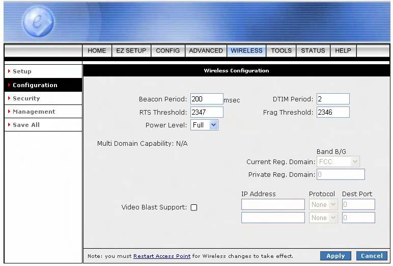 4.5.2 WIRELESS - Configuration The Configuration page describes how to configure the wireless features of your 4 Ports 11g Wireless ADSL2/2+ Router.