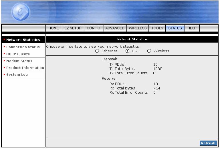 4.7.1.3 STATUS - Network Statistics - DSL DSL: Shows the Total Bytes Receive/Transmit and Error Count information of the ADSL (WAN) Interface.
