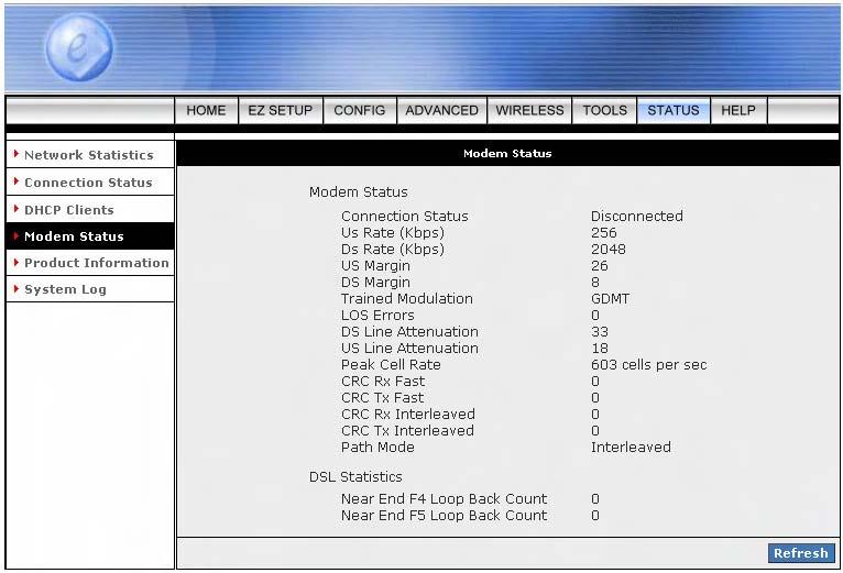 STEP 3. Go to STATUS Modem Status and the following window will pop-up. Check the Connection Status, Us Rate and Ds Rate, the numbers/data show you the actual ADSL connection speed in Kbps. STEP 4.