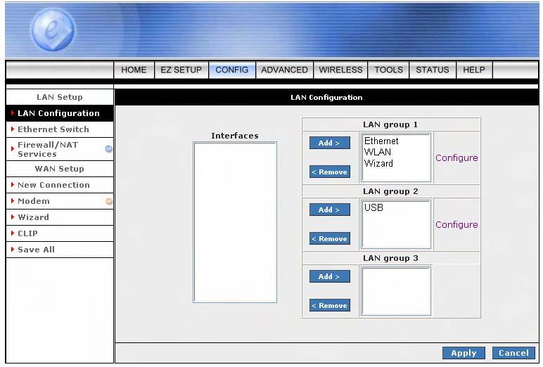 Select USB in the Interface box and click Add next to LAN group 2. USB moves to LAN group 2 as shown in figure below.