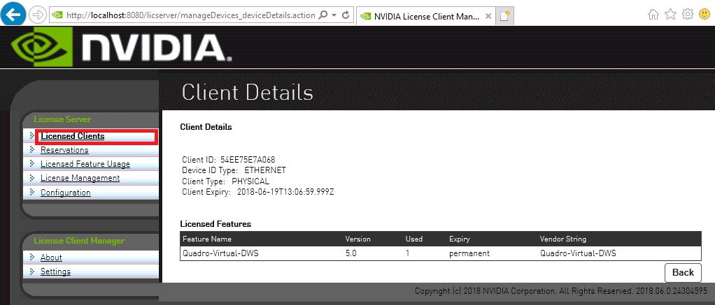 On the Licensed Clients page that opens, click the Client ID of the licensed client about which you want detailed information.