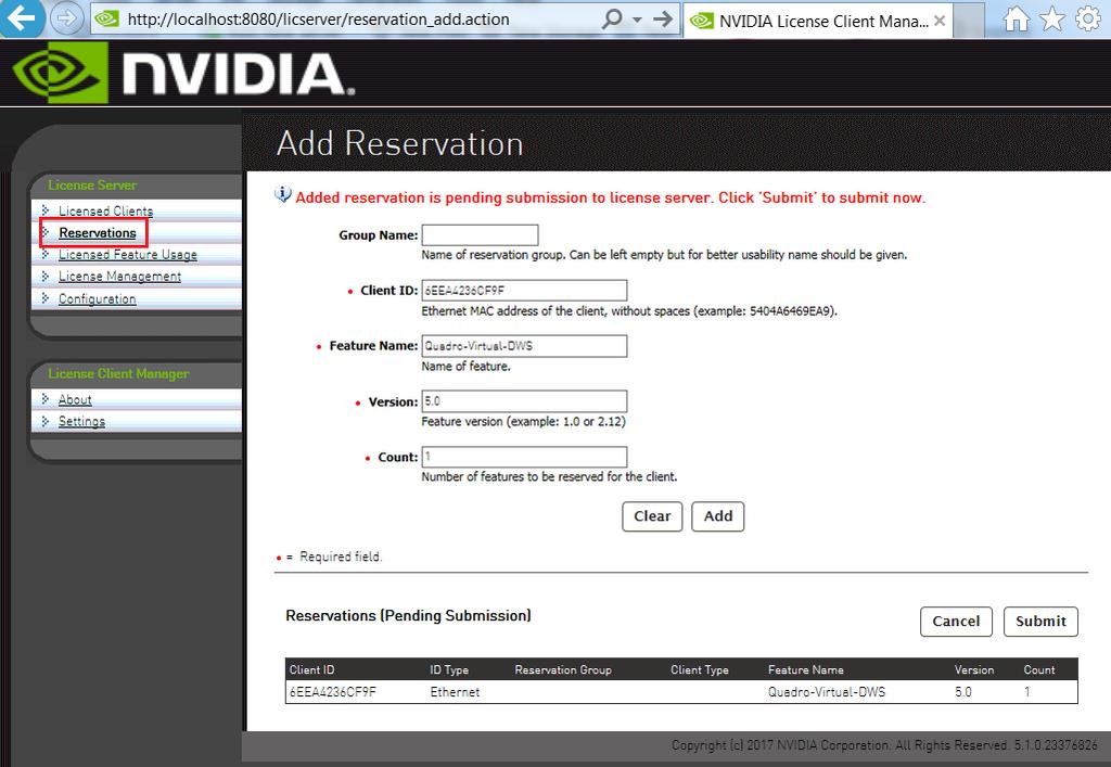 Managing Licenses on the NVIDIA vgpu Software License Server a) On the License Reservations page, click Add.