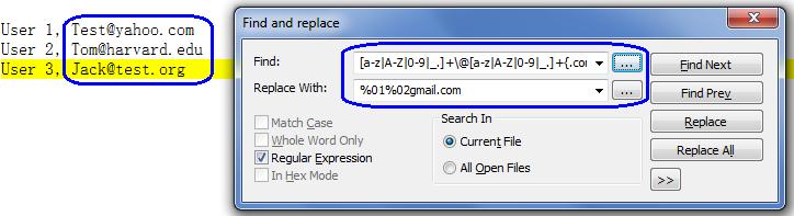 Change "Replace All" to replace all emaill addresses to "XXXX@gmail.com".