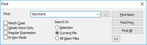 4.3. Search 4.3.1. Find You can select menu Search, then Find... or press Ctrl + F to find a string in the opened files. 2 3 4 5 1 6 7 8 9 1. The string to search for. 2. Match Case.