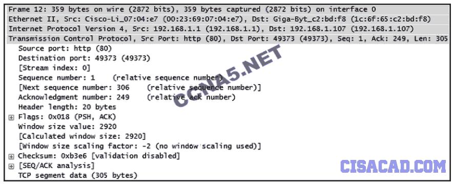 Refer to the exhibit.a TCP segment from a server has been captured by Wireshark, which is running on a host.