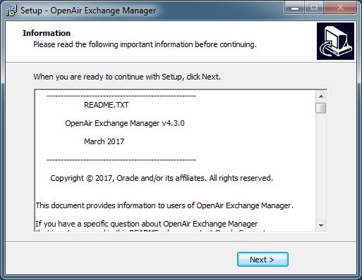Installing OpenAir Exchange Manager 8 7. Click Finish. If you selected View readme.txt, the readme.txt file will open in a separate window.