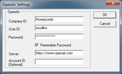 Configuring OpenAir Exchange Setup 11 2. Type your Company ID, User ID, and Password. If you select the check box to Remember Password, you do not have to enter it again.