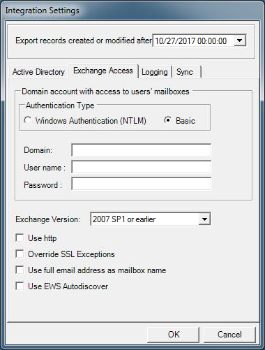 Choose your authentication type according to the Exchange Server Authentication configuration on
