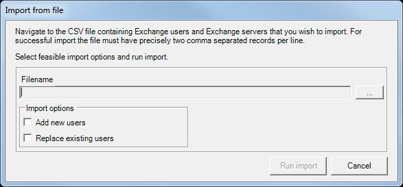 Configuring OpenAir Exchange Setup 20 3. Enter the new Exchange server name. 4. Click the OK button. 5. To import users from a CSV file: 1. Click the Import from file... button. The following window appears: 2.