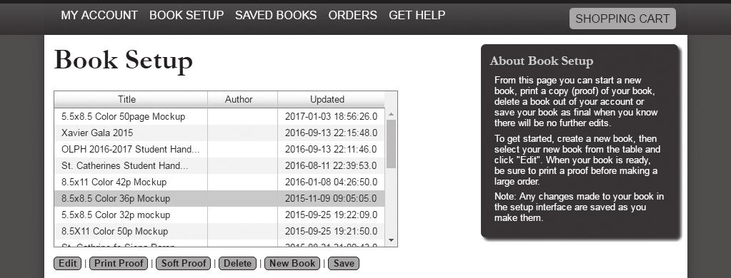 Book Setup Menu When you sign up/login, you are taken right to the Book Setup tab, in the book