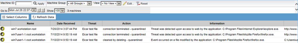 9. Threats To view the history of malware / virus threats in your environment, select Manage Endpoints > Threats. The threat menu option lists detailed information about threats.