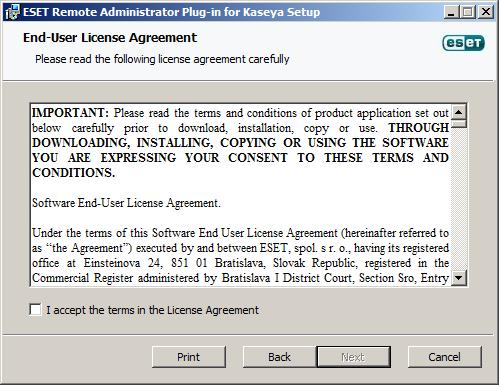3. Plug-in Installation NOTE: During the installation process, it is necessary to stop the Kaseya server process in order to reapply the Kaseya database schema. 1.