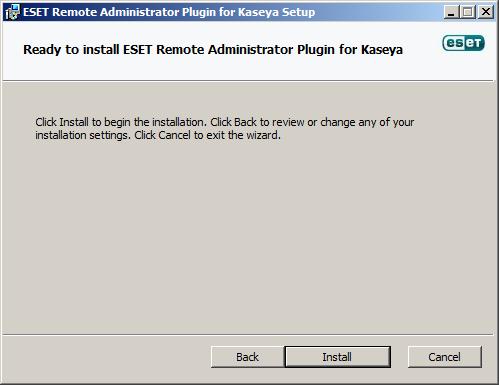 Download the Kaseya Plug-in for ESET Remote Administrator Plug-in installer file. 3. Double click ESET for Kaseya.msi to start the installation wizard. Figure 1-1 4.