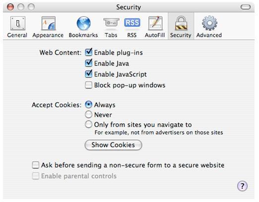 Safari Cookie Settings Cookie handling needs to be configured to accept all cookies. 1. Click on the Safari menu. 2. Select Preferences. 3.