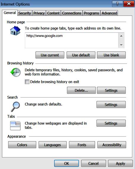 Clearing the Internet Explorer Browser History Figure 1.2 Internet Options Window General Tab 4.