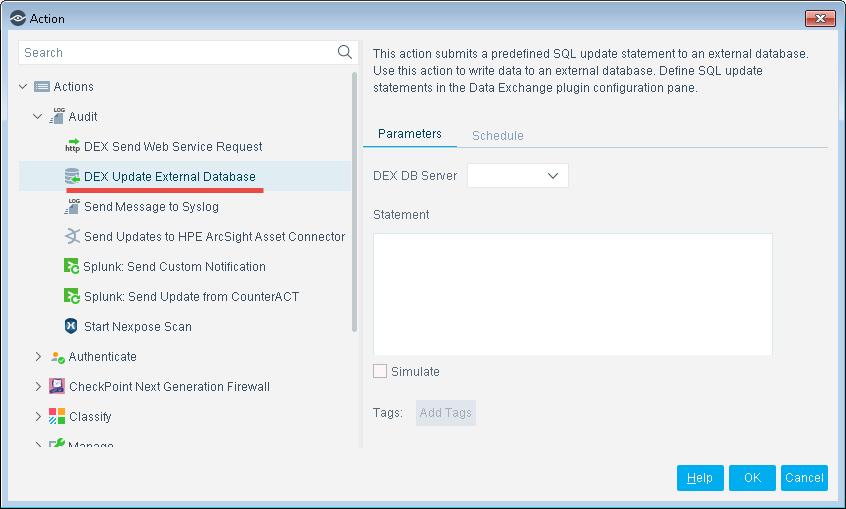 4. In the Parameters tab, configure the following: DEX DB Server Statement Simulate Using the drop-down, select the target external server. The update statement is submitted to this server.